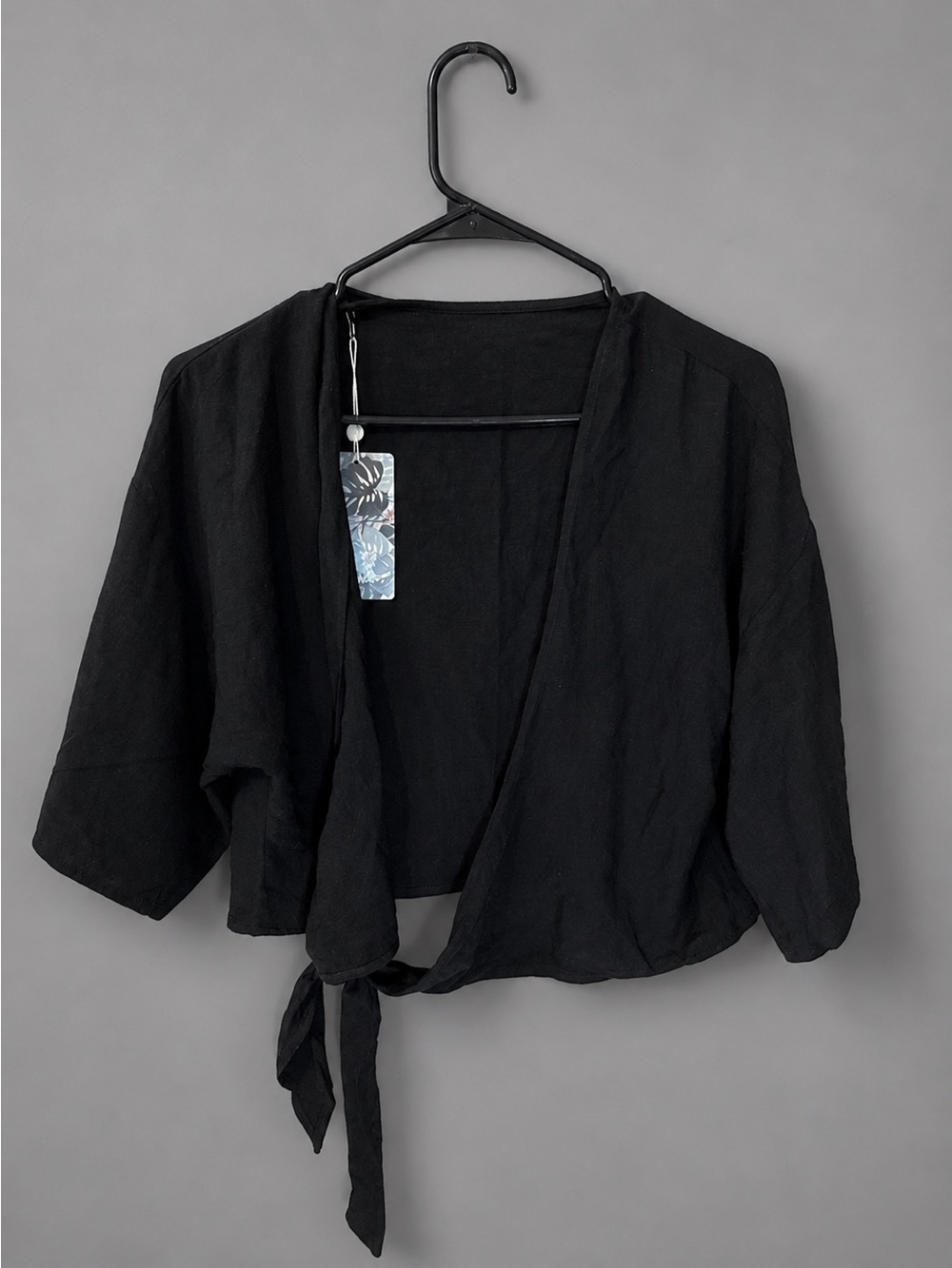Toluca Black Wrap Crop Top Kimono Sleeve Tie Waist Blouse NWT